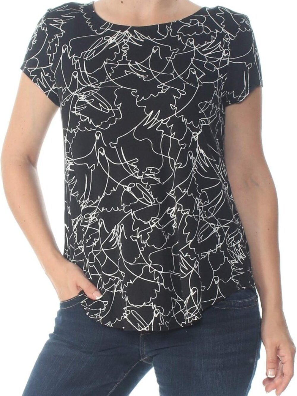 Alfani Womens Printed Jewel Neck Swing Top